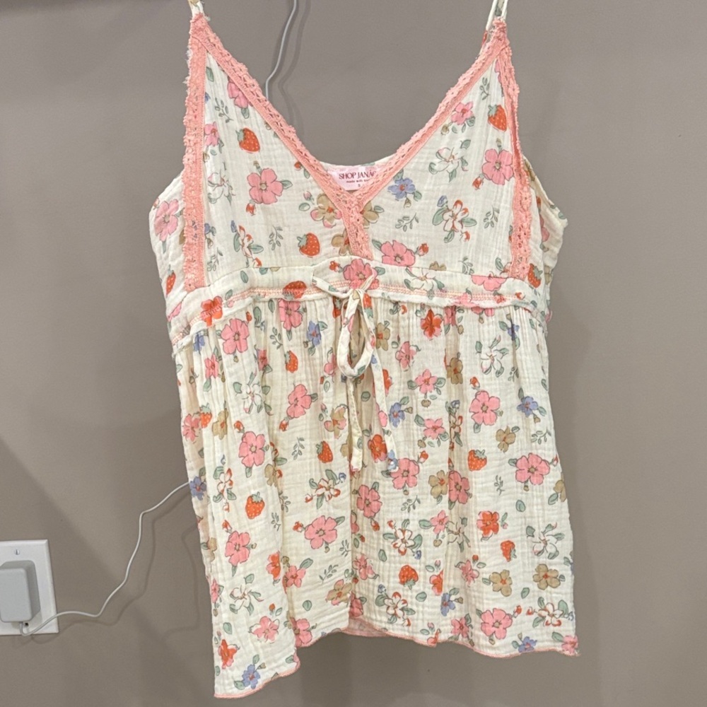 Shop Janae Floral Camisole Size Small | Cottagecore Strawberry Print Cotton Tank